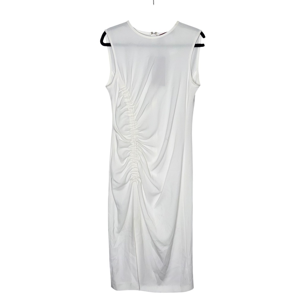 Max Mara Studio Midi Dress Womens 12 White New Ruched Sleeveless Sheath